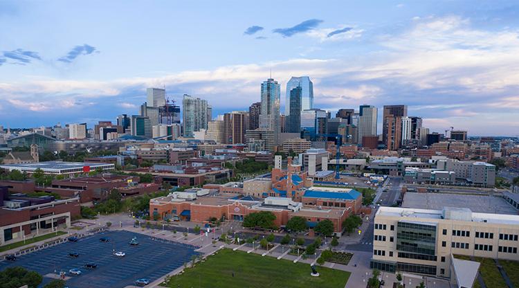 Aerial view of Auraria Campus and Downtown Denver.