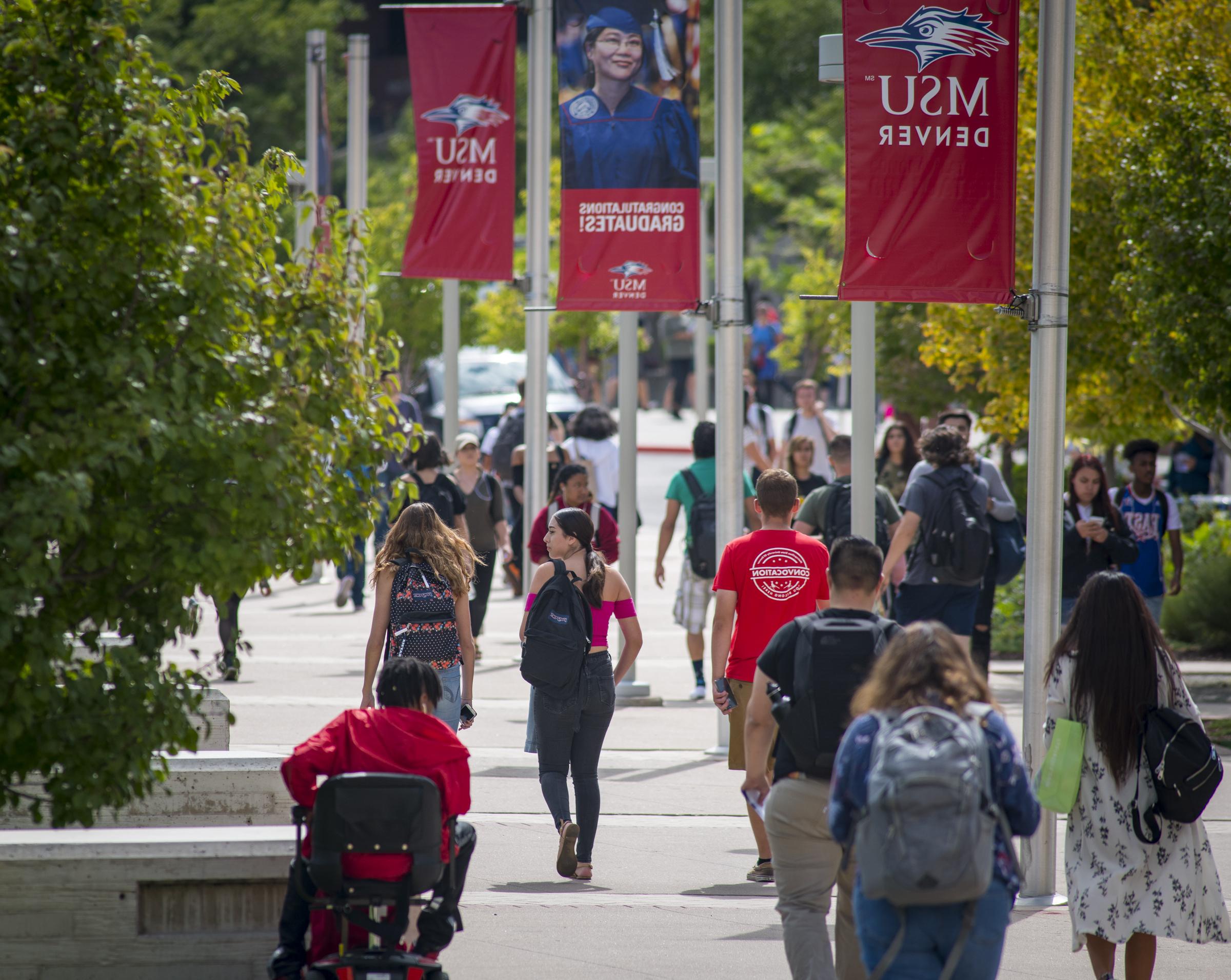 Students on campus near poles advertising MSU Denver banners