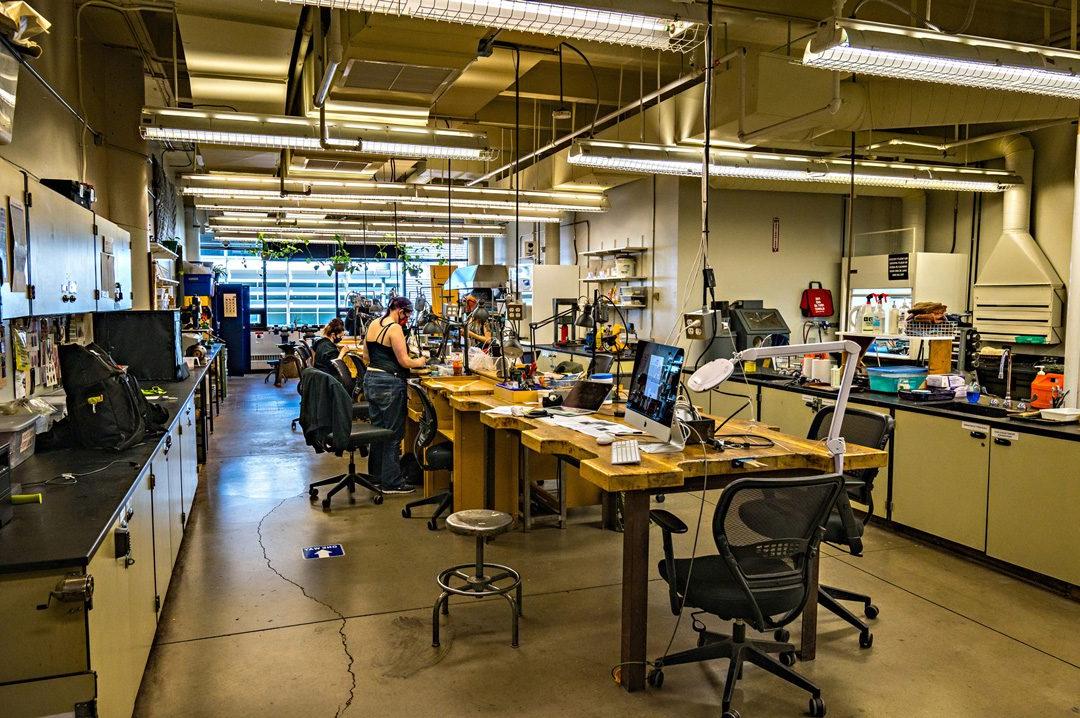 Wide shot of students working in the Jewelry Studio.