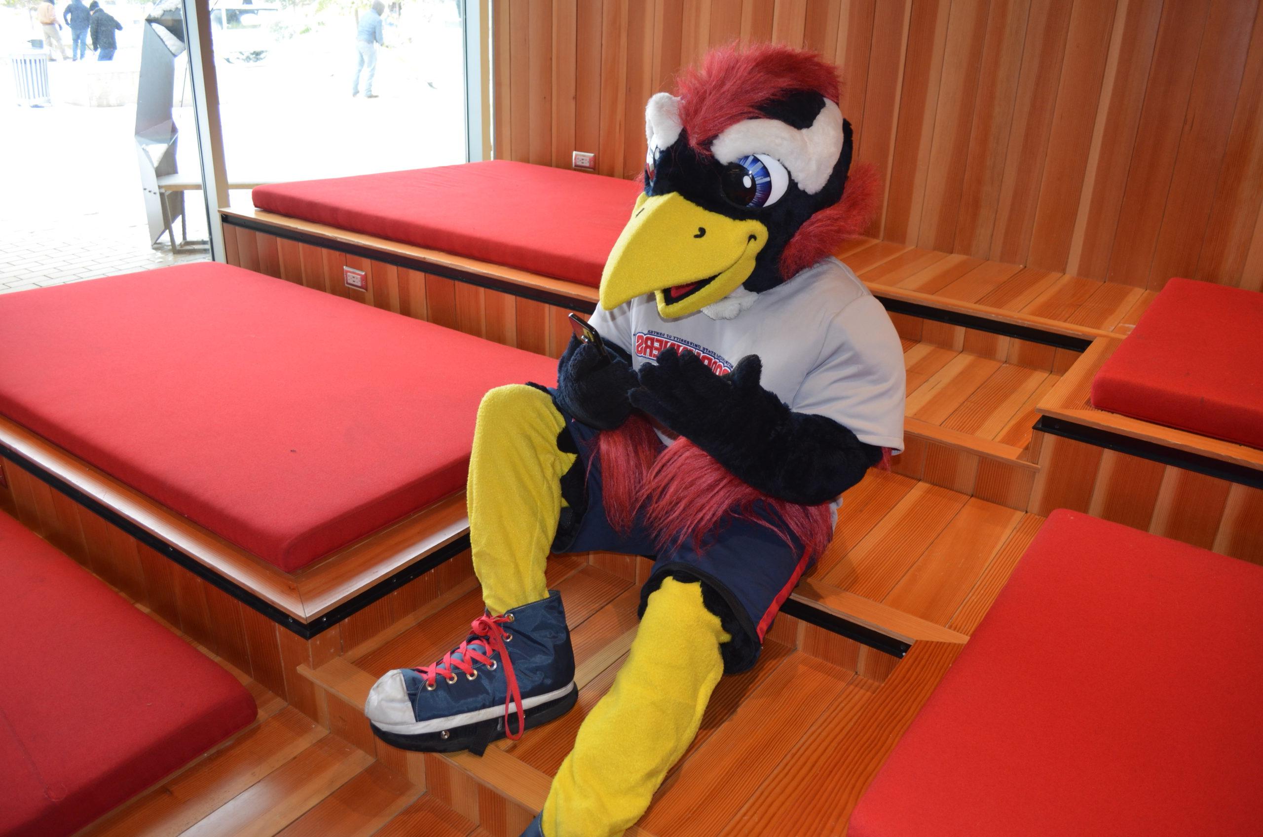 Rowdy the Roadrunner sitting on a multi-layered red seating