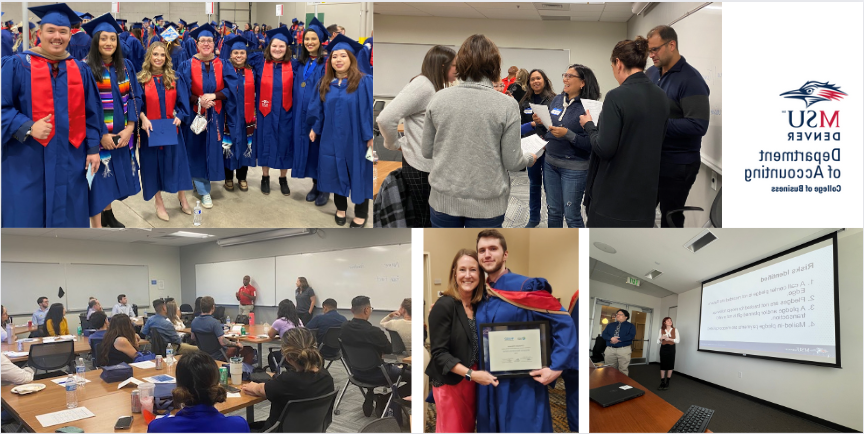 collage of department of accounting student photos ranging from a graduation photo of students in their regalia, a class of students, students presenting, and students talking in a group setting, along with the Department of Accounting logo