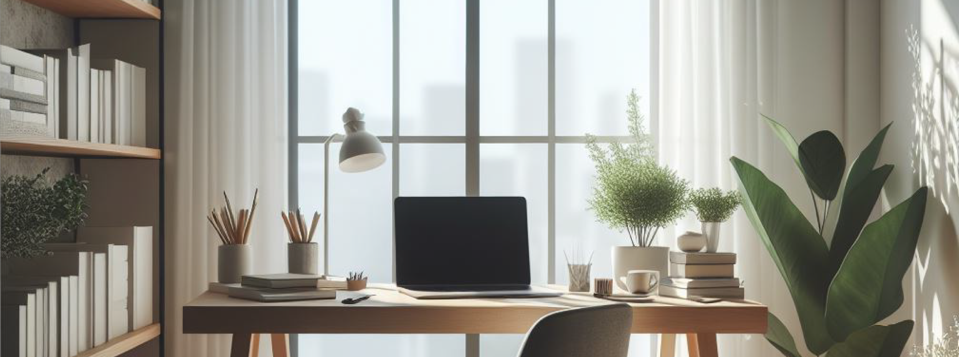 Desk with computer facing a window