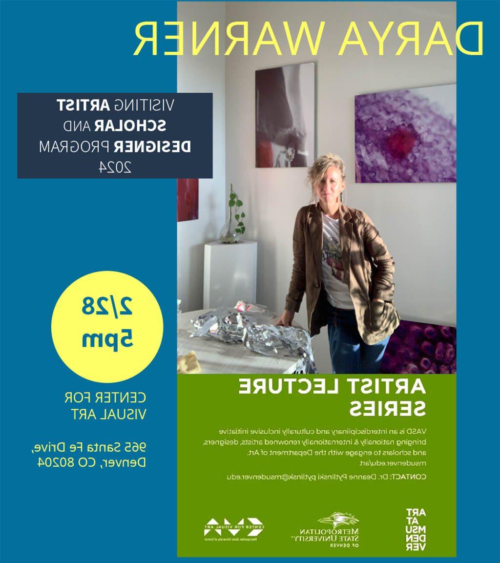 Join us Wednesday, February 28, 2024 at 5:00pm at Center for Visual Art, 965 Santa Fe Drive, Denver, for a Visting Artist talk with Darya Warner. Darya works at the intersection of art and science by bridging the creative process and growth/connections with human and non-human actors through the prism of Climate Change.