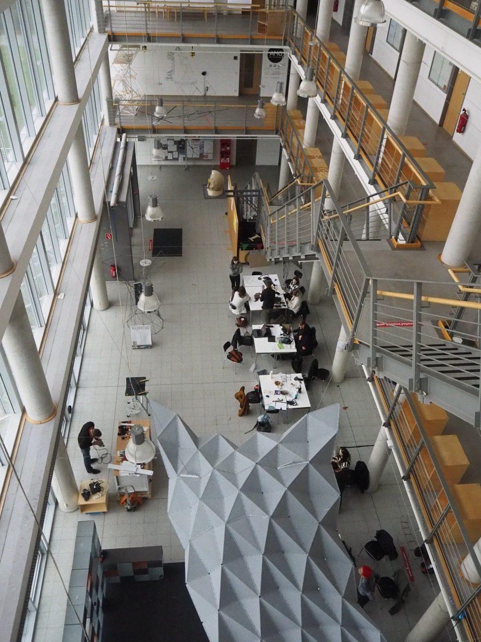 Overhead view of students working at tables