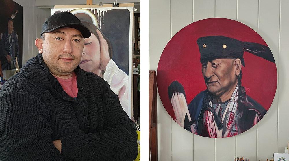 (Panel A) Painted in circle on red background, the elder man looks off to the distance. (Panel B) Paul Lucero, in front of an easel on which a near completed oil painting of a face sized at two times to actual size.