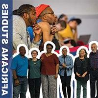 Image split into two sections, top image: Two students sit with their hands holding pencils on their chin, bottom image: African Studies Faculty; on the right side of image low opacity blue long rectangle with overlaid text that says: Africana Studies