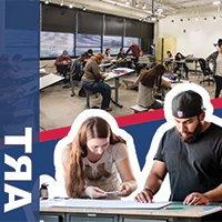 Image split into two sections, top image: Students in a classroom drawing individually on easels, bottom image: Two students work on a art piece; on the right side of image low opacity blue long rectangle with overlaid text that says: Art