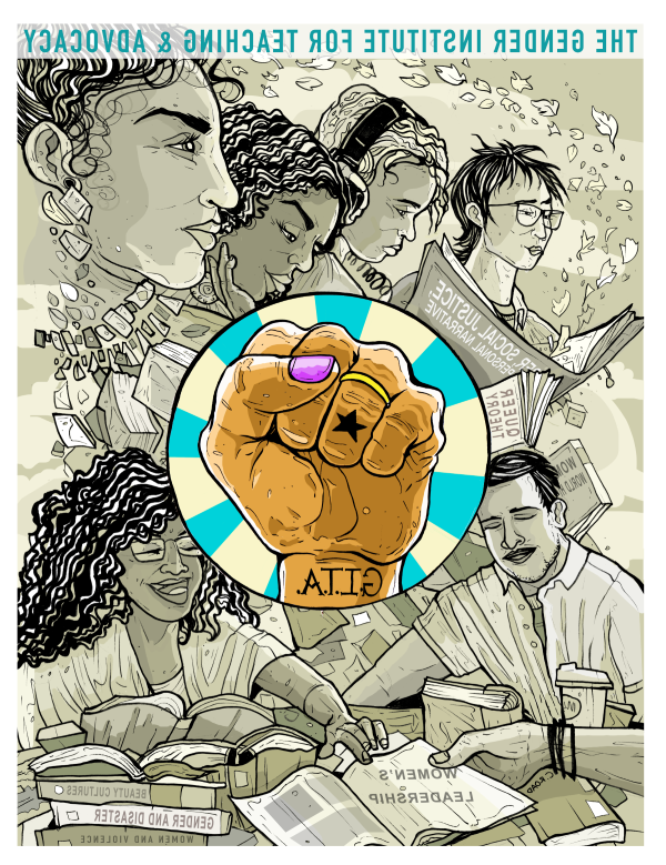 The Gender Institute for Teaching and Advocacy drawing with the GITA round logo with fist in center. The fist has the letters G.I.T.A tattooed on the wrist. The thumb has purple nail polish and the ring finger has a golden band with a black star tattooed above the knuckle.