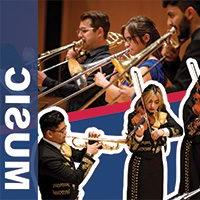 Image split into two sections, top image: Three student play trombones, bottom image: Students playing instruments in Mariachi costumes; on the right side of image low opacity blue long rectangle with overlaid text that says: Music