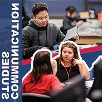 Image split into two sections, top image: A student sits at a desk and holds a piece of paper, bottom image: Two people talking in a computer lab; on the right side of image low opacity blue long rectangle with overlaid text that says: Communication Studies