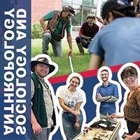 Image split into two sections, top image: A MSU Denver professor and students kneeling and measuring a grassy area with a tape measure and red string, bottom image: Anthropology students pose for the camera; on the right side of image low opacity blue long rectangle with overlaid text that says: Sociology and Anthropology