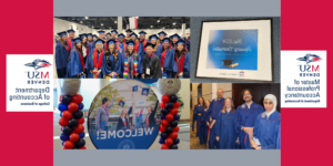 Collage of images on red background with MPAcc logo, Department of accounting logo, diploma frame with blue hooding invite insert, photo of 6 MPAcc grads in regalia lining up outside of hooding ceremony, group photo of accounting graduates in regalia in the assembly area at commencement, and a welcome commencement sign with 2 mini towers of red and blue balloons.